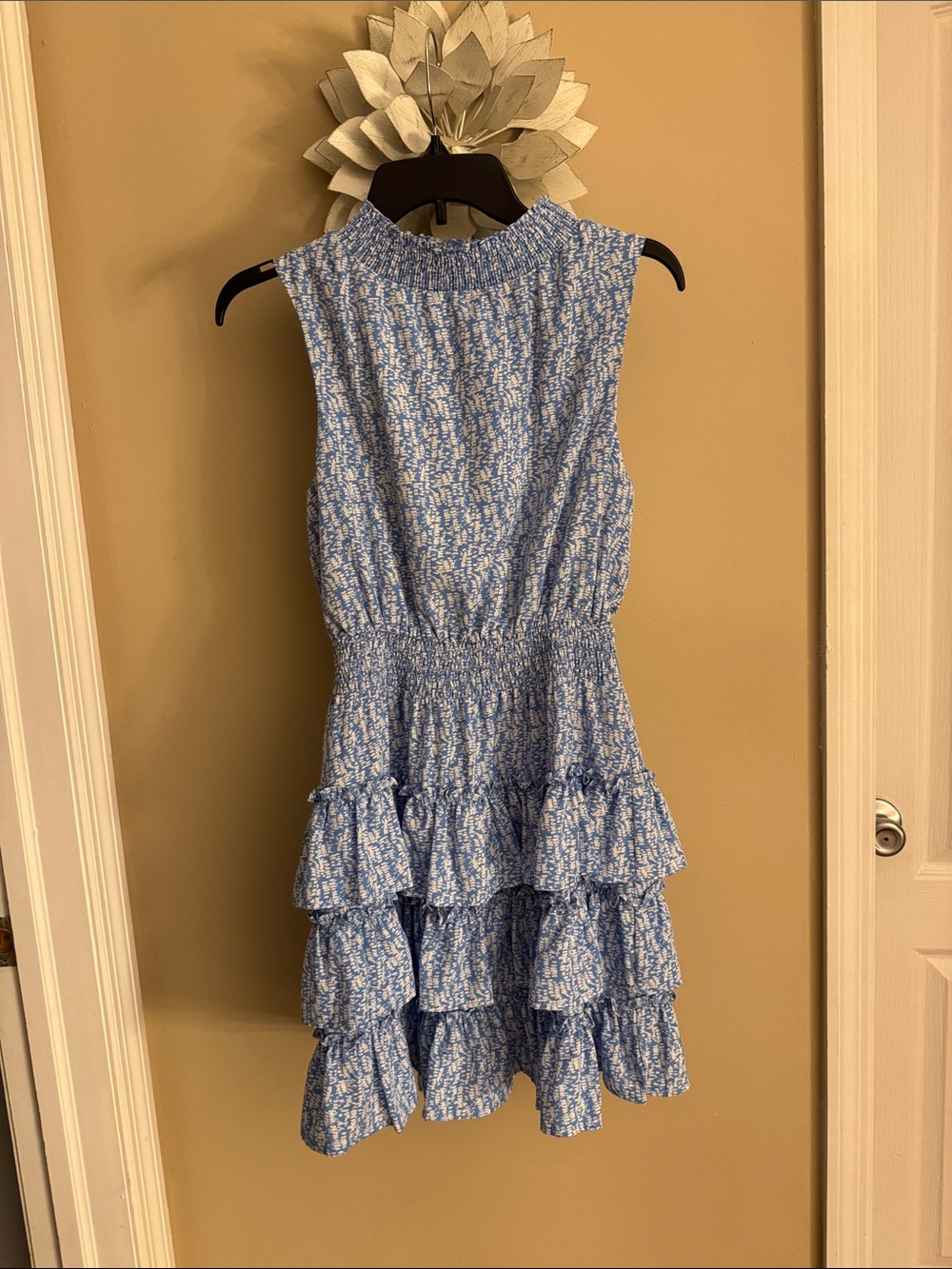 glam Light Blue Floral Smocked Tiered Ruffle Dress